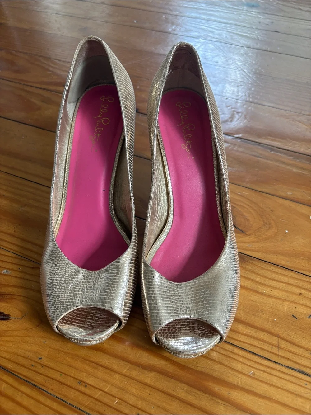 Lilly Pulitzer Metallic Gold Peep-Toe Wedge with Pink Insole